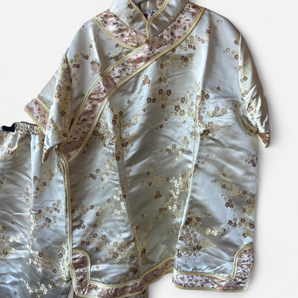 Peach Cream gold traditional Chinese Qipao top‎ & pant pankou button Sz Girls 12